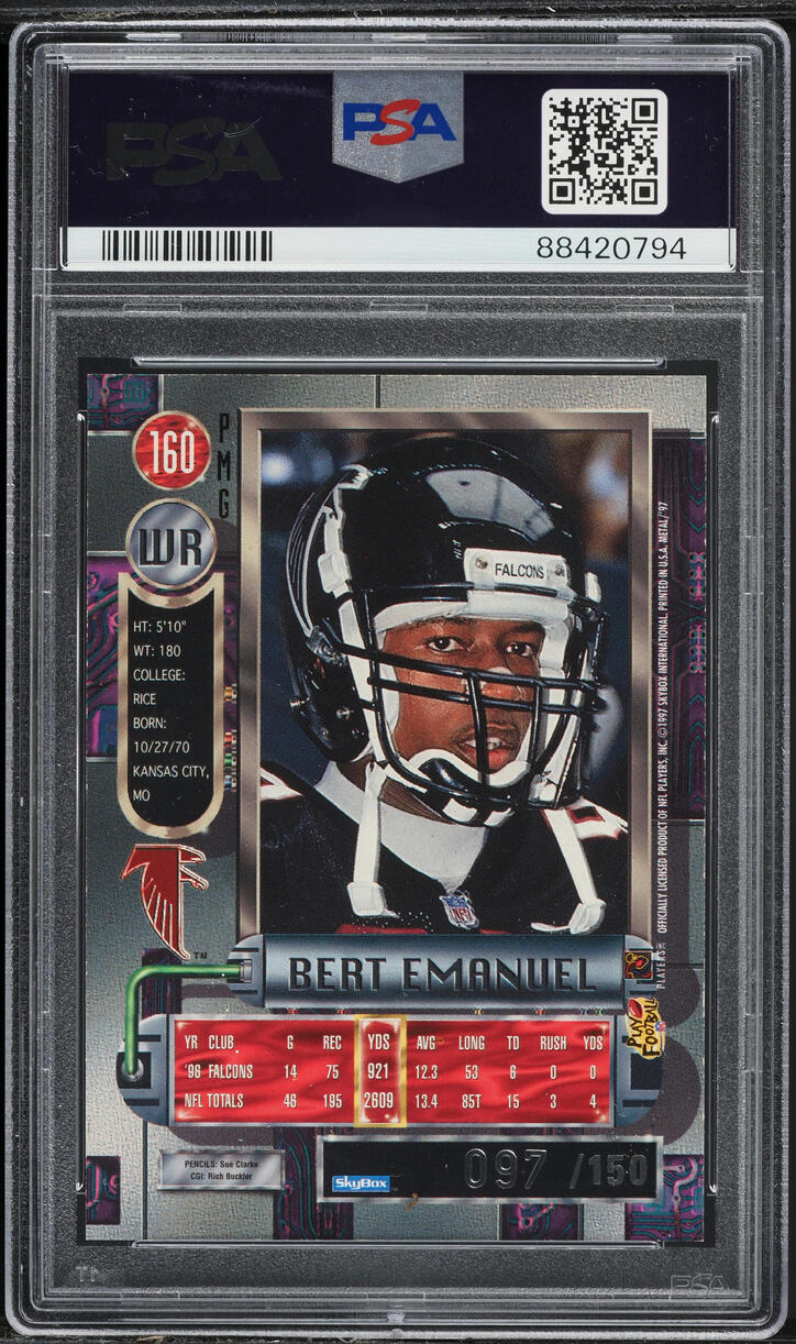 1997 Metal Universe Precious Metal Gems PMG Red Bert Emanuel /150 #160 PSA 8