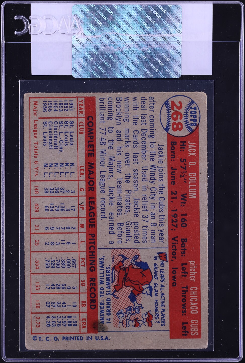 1957 Topps Jackie Colalum #268 CGC AUTH