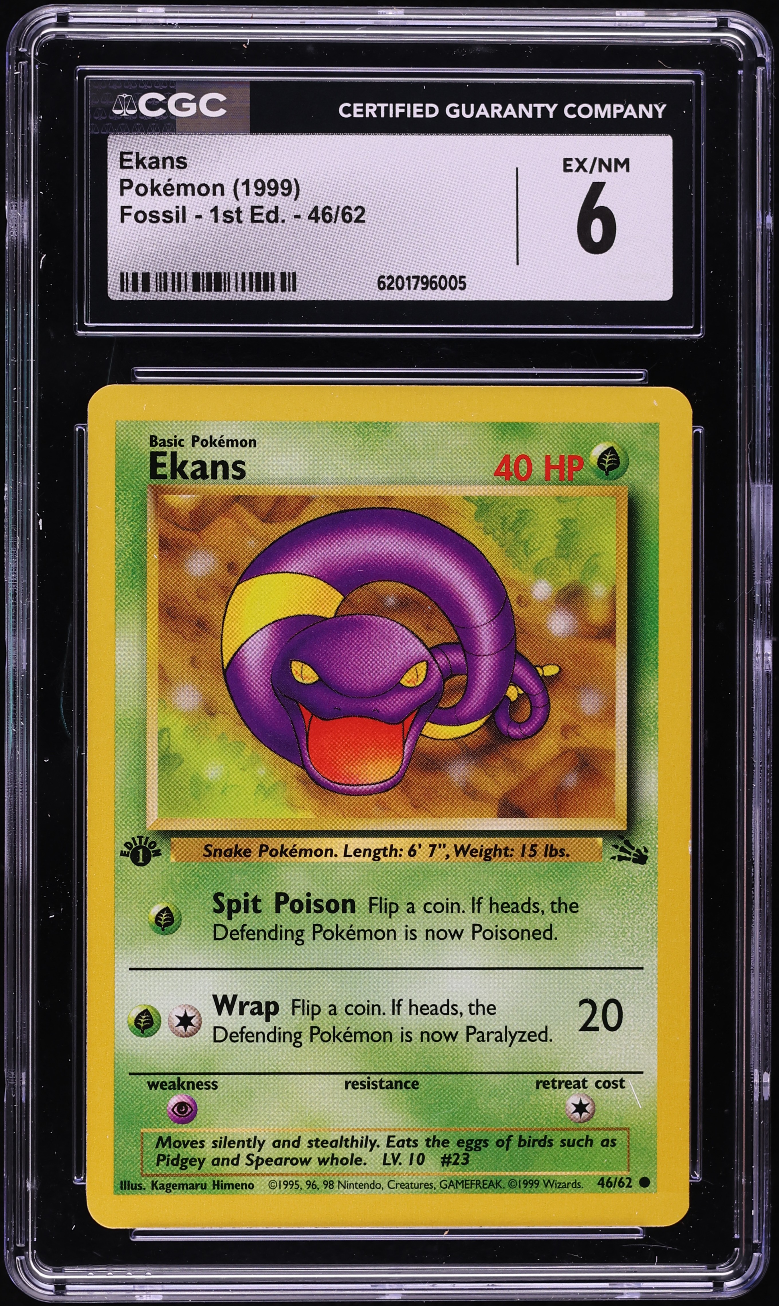 1999 Pokemon Fossil 1st Edition Ekans #46 CGC 6 EXMT