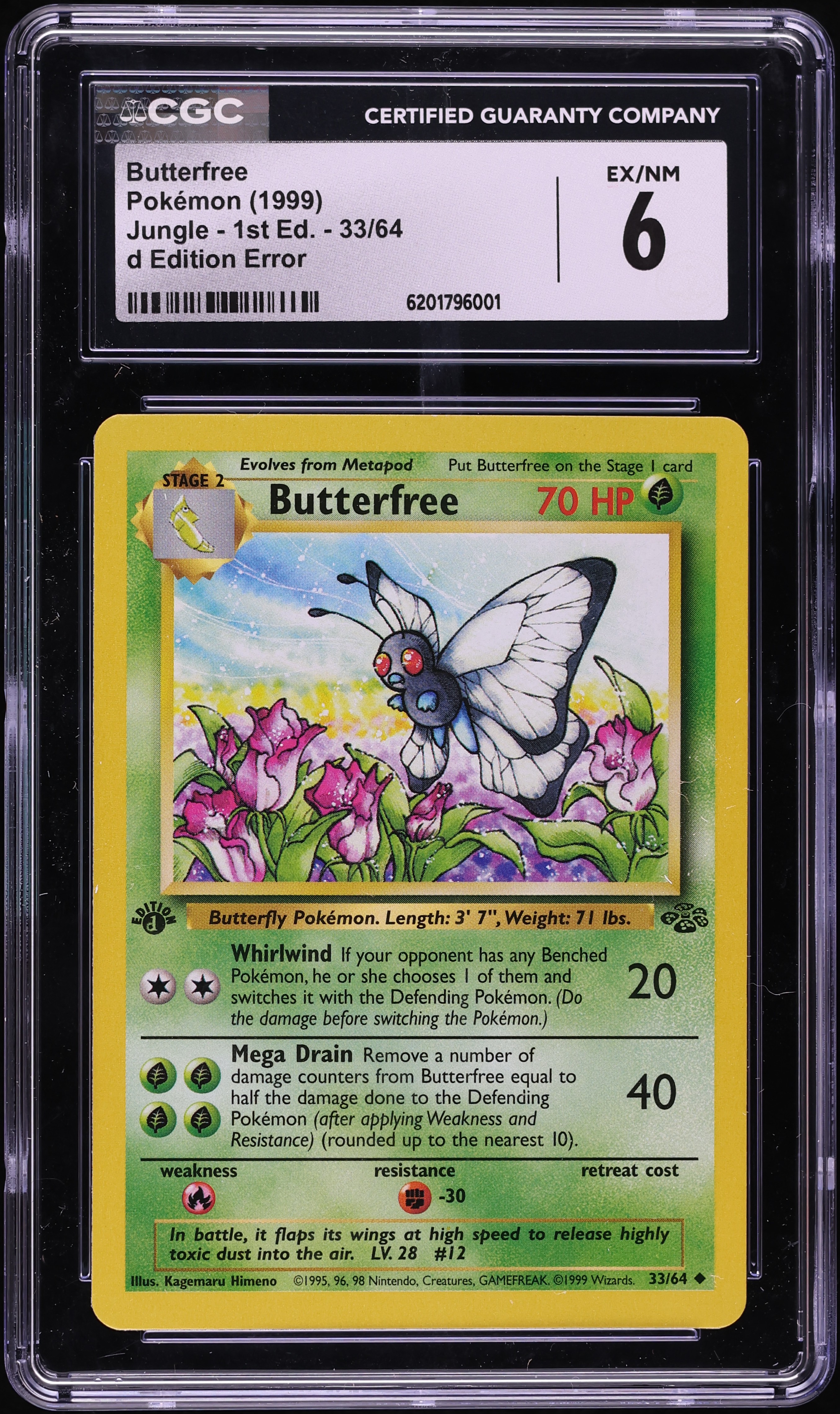 1999 Pokemon Jungle 1st Edition D Error Butterfree #33 CGC 6 EXMT
