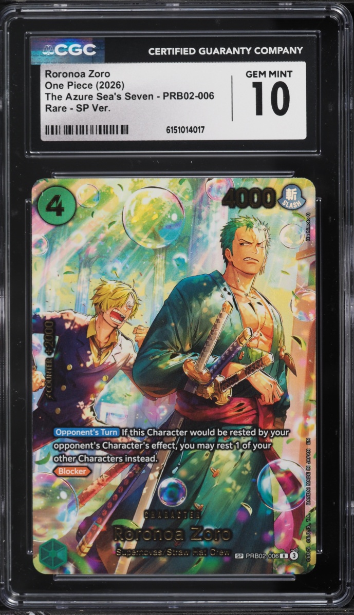 2026 One Piece The Azure Sea's Seven SP Roronoa Zoro #PRB02-006 CGC 10 GEM MINT