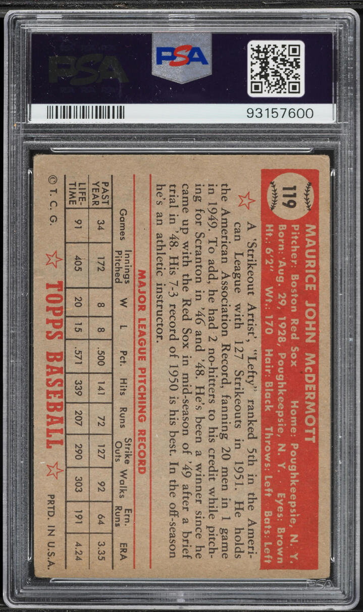 1952 Topps Maurice McDermott #119 PSA 3 VG