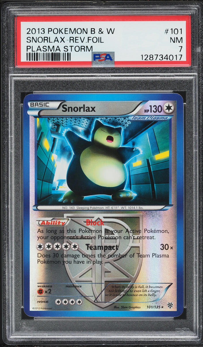 2013 Pokemon Black & White Plasma Storm Reverse Holo Snorlax #101 PSA 7 NRMT