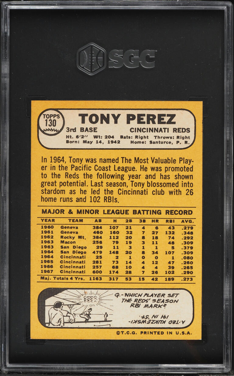 1968 Topps Tony Perez #130 SGC 7 NRMT