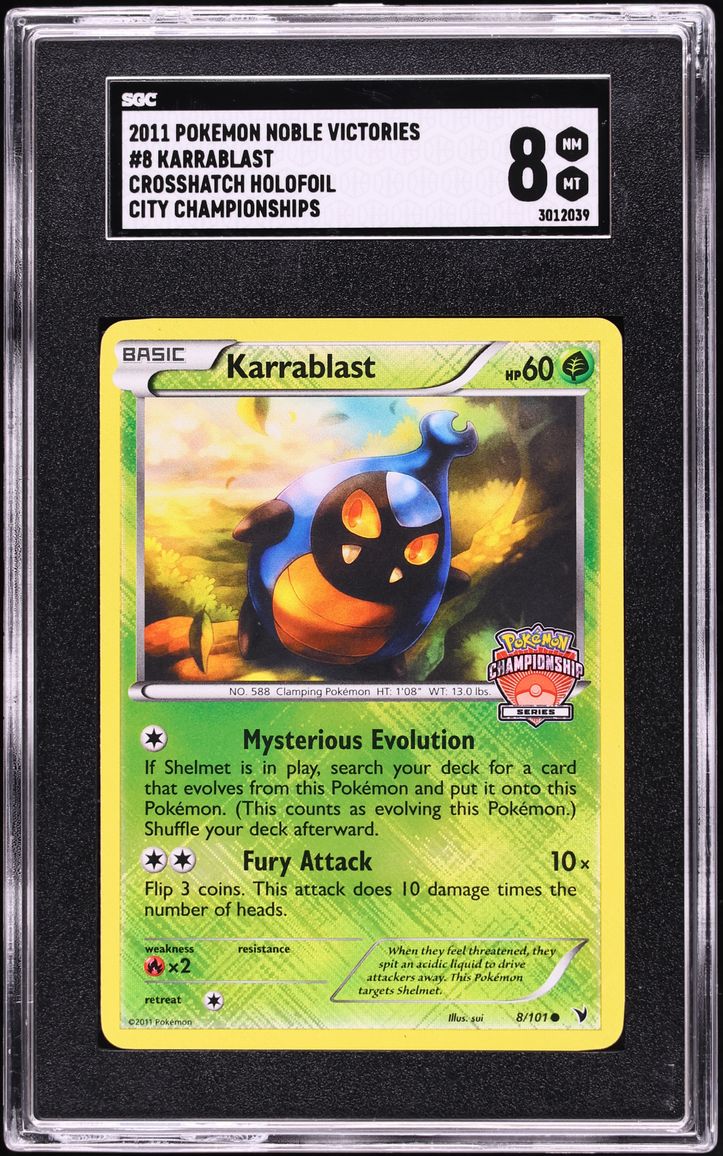 2011 Pokemon Noble Victories Crosshatch Holofoil City Championships Karrablast #8 SGC 8 NM-MT