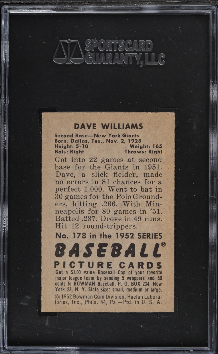 1952 Bowman Dave Williams #178 SGC 7.5 NRMT+