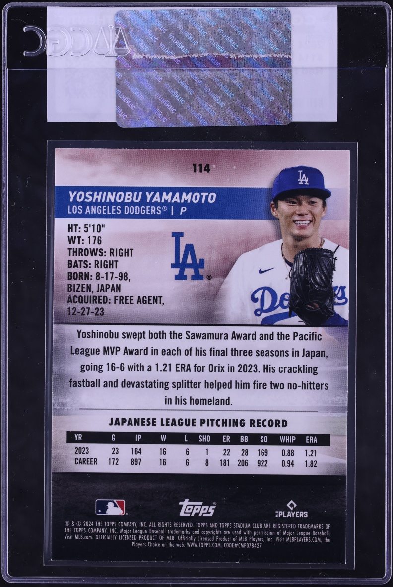 2024 Stadium Club Red Foil Yoshinobu Yamamoto ROOKIE #114 CGC AUTH