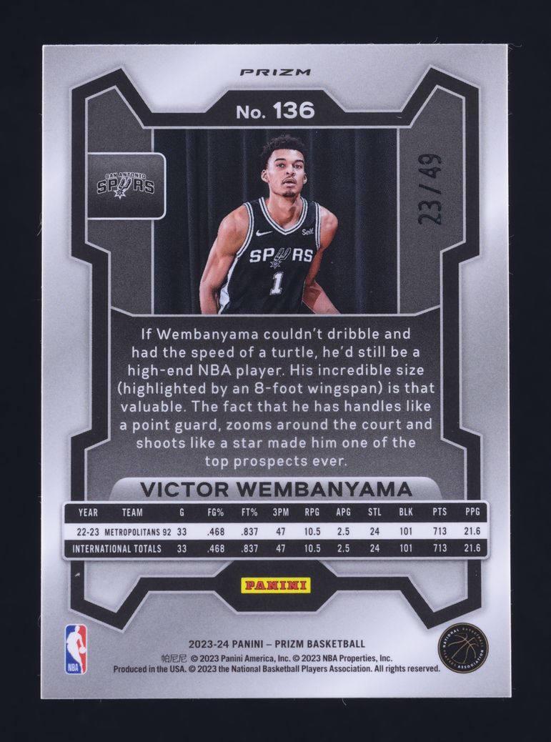 2023 Panini Prizm Choice Blue Victor Wembanyama ROOKIE /49 #136 MBA AUTH