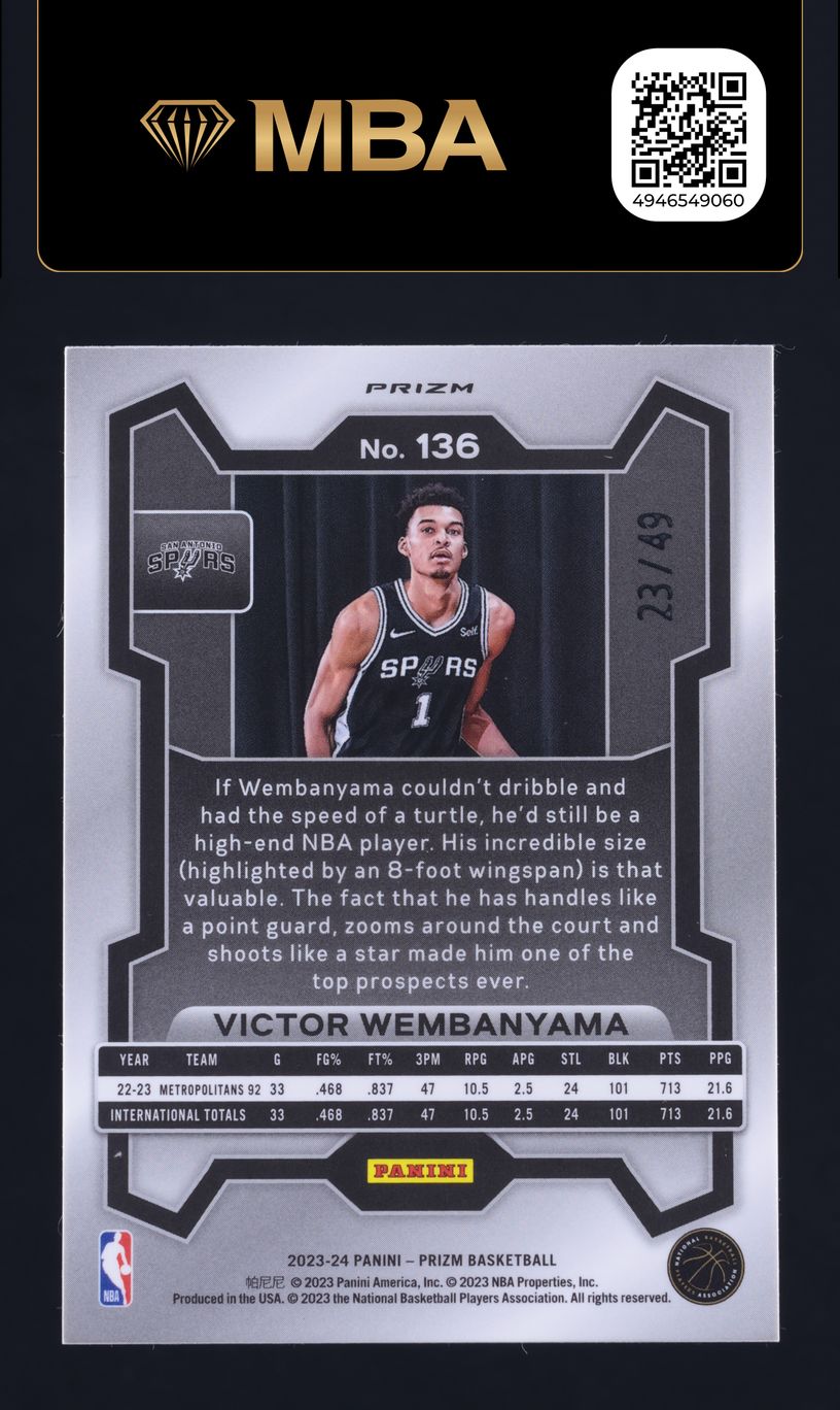 2023 Panini Prizm Choice Blue Victor Wembanyama ROOKIE /49 #136 MBA AUTH