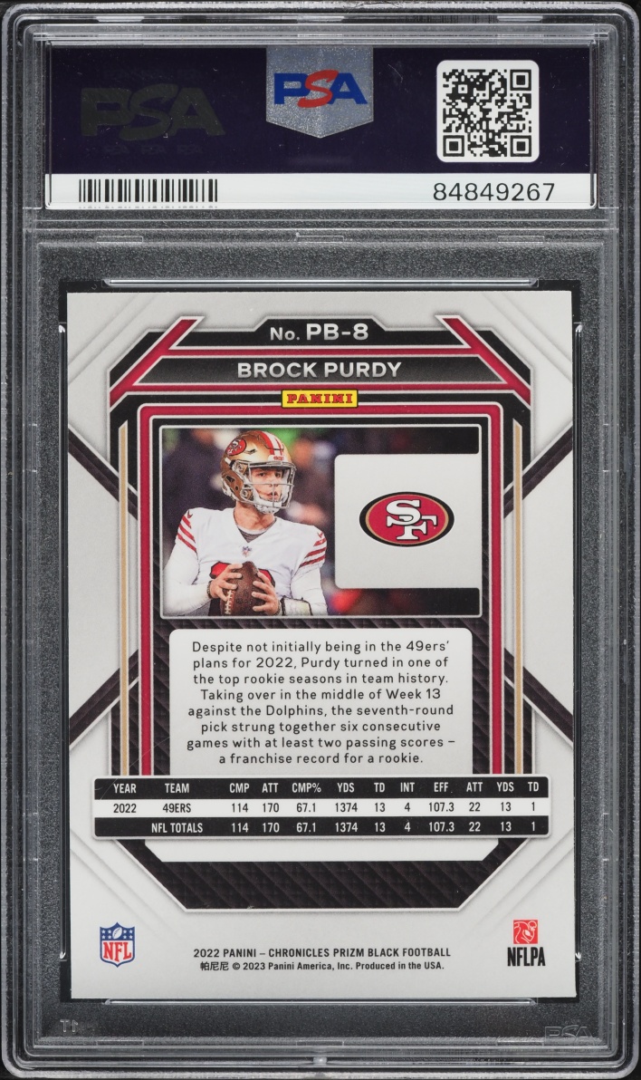 2022 Panini Chronicles Prizm Black Brock Purdy ROOKIE #PB-8 PSA 10 GEM MINT