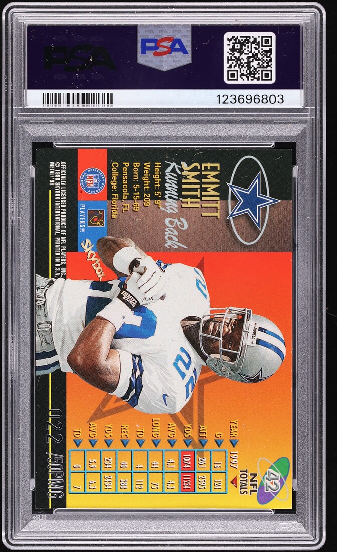 1998 Metal Universe Precious Metal Gems PMG Emmitt Smith Jersey # 22/50 #42 PSA 8 NM-MT