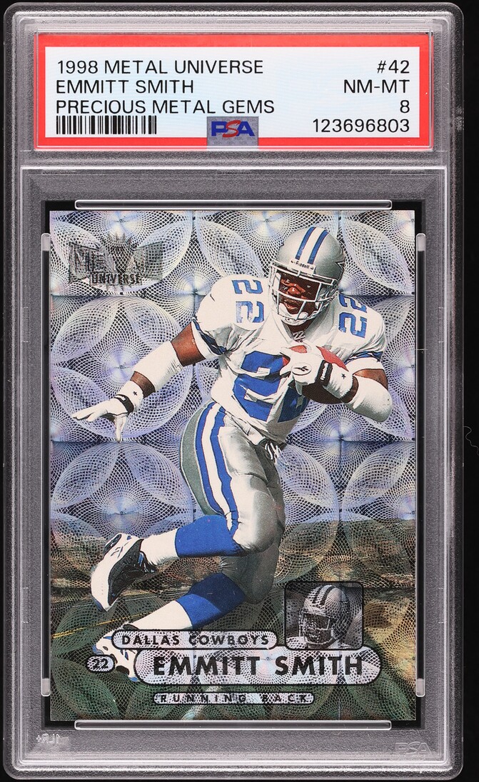 1998 Metal Universe Precious Metal Gems PMG Emmitt Smith Jersey # 22/50 #42 PSA 8 NM-MT