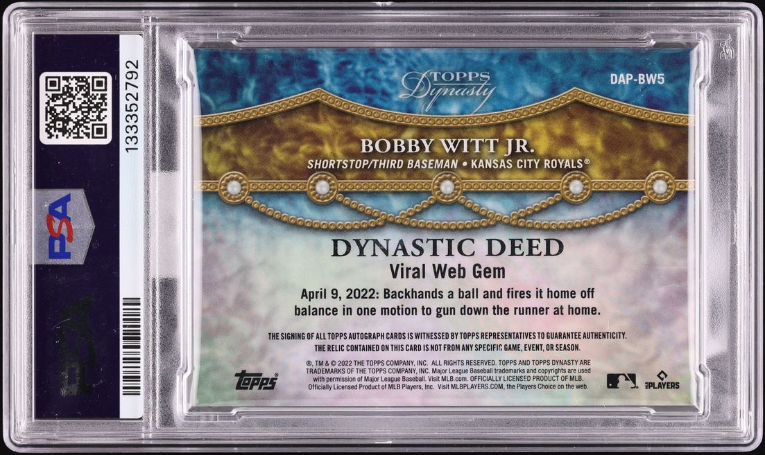 2022 Topps Dynasty Black Bobby Witt Jr. ROOKIE PATCH AUTO DNA 10 /5 #DAPBW5 MBA PSA 8 NM-MT