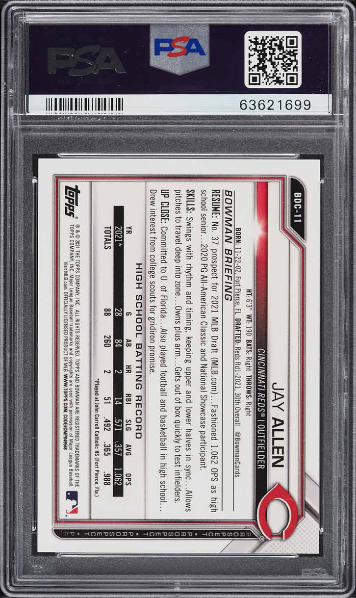 2021 Bowman Chrome Draft Gold Refractor Jay Allen PROPESCT /50 #BDC11 PSA 10 GEM