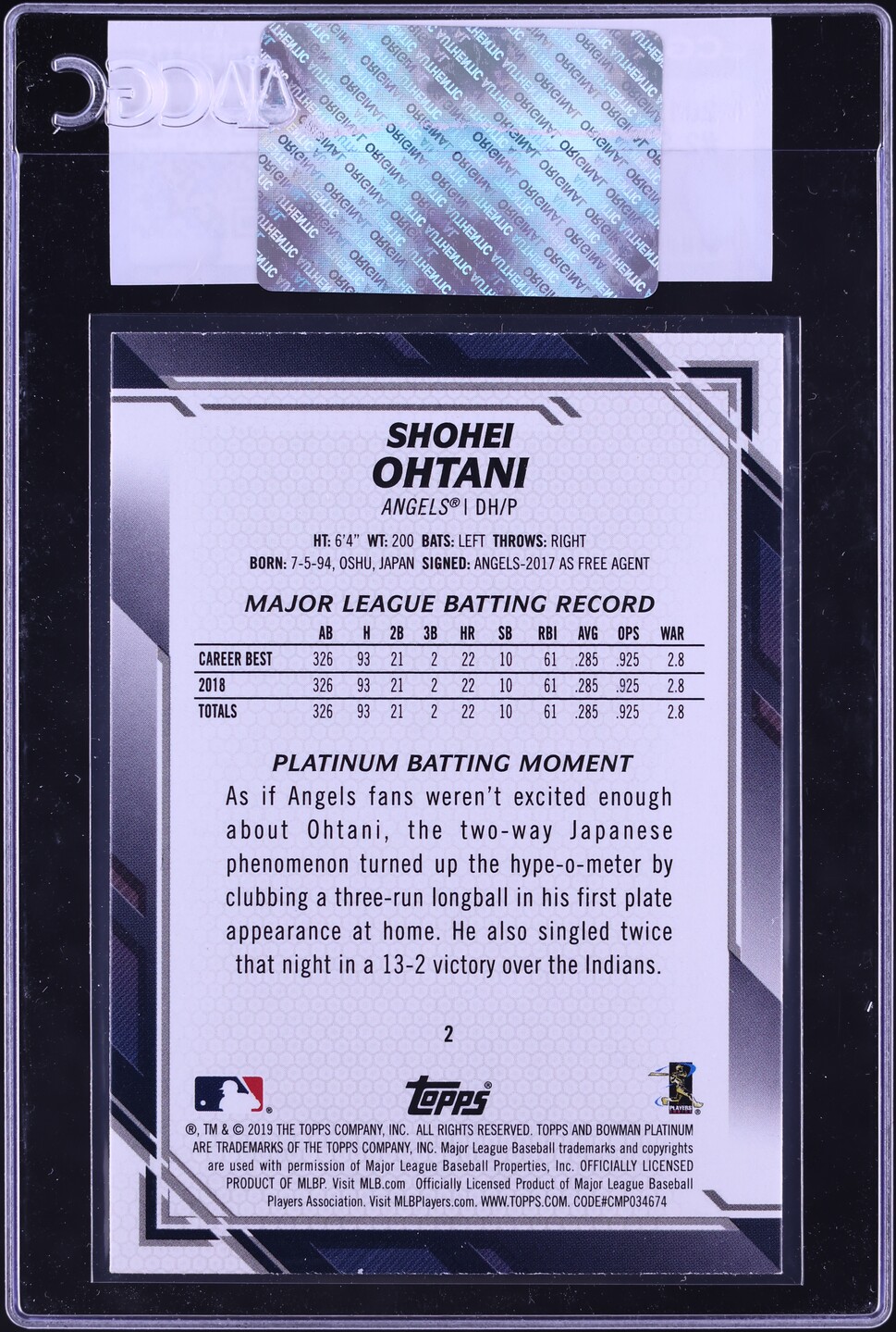 2019 Bowman Platinum Shohei Ohtani #2 CGC AUTH