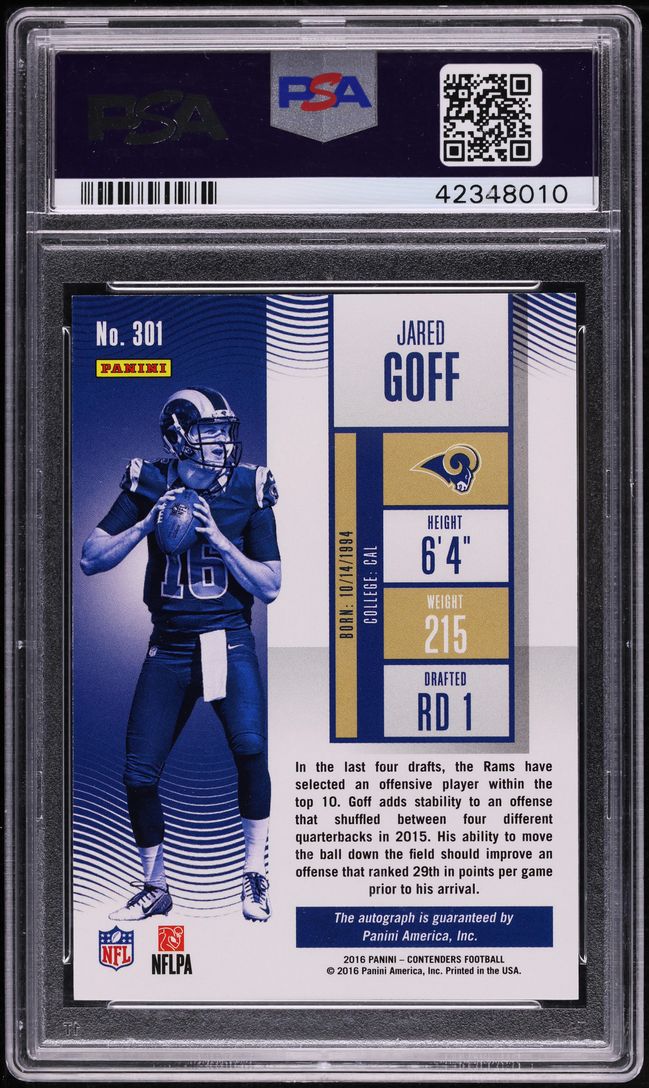 2016 Panini Contenders Playoff Jared Goff ROOKIE AUTO DNA 10 /25 #301 PSA 10 GEM