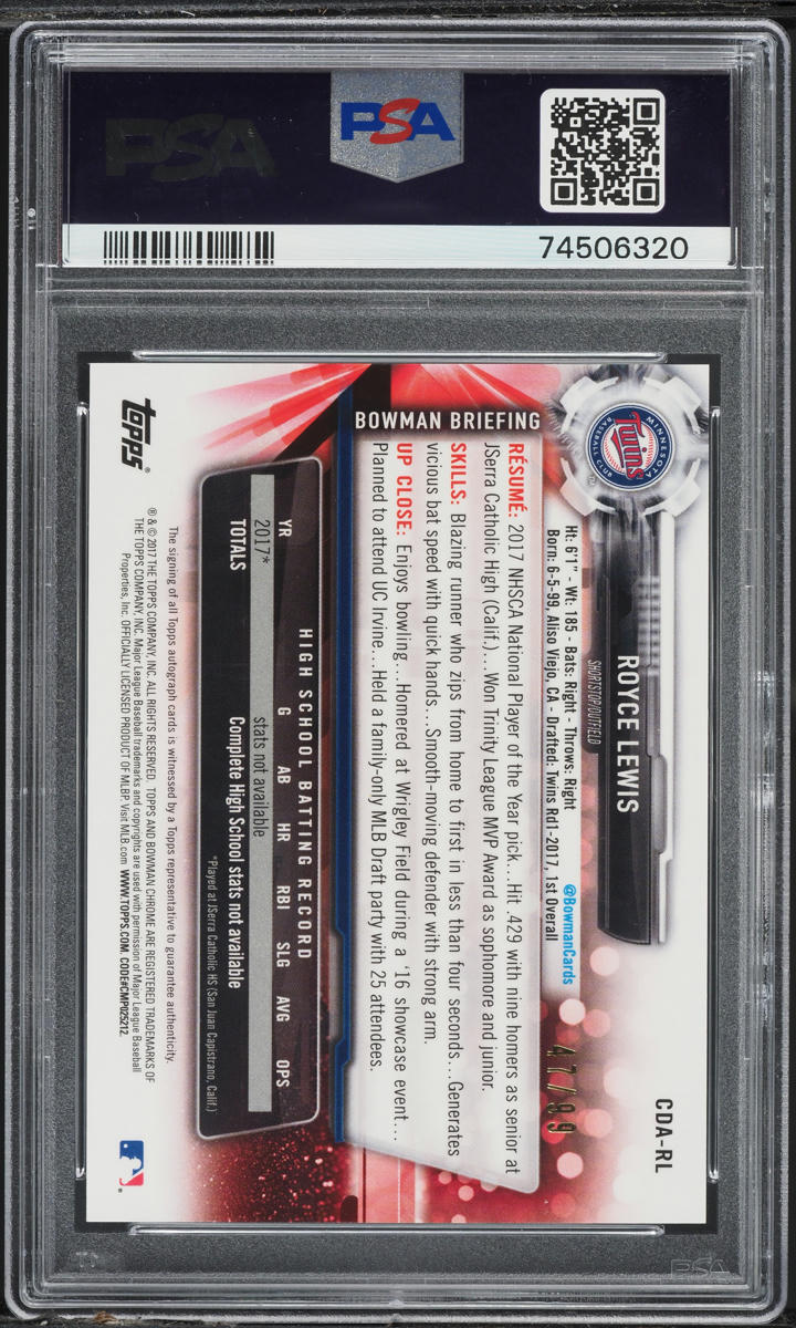 2017 Bowman Draft Chrome Draft Green Refractor Royce Lewis ROOKIE AUTO /99 PSA 9