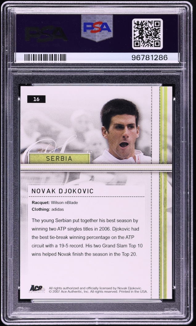 2007 Ace Authentic Straight Sets Novak Djokovic #16 PSA 10 GEM MINT