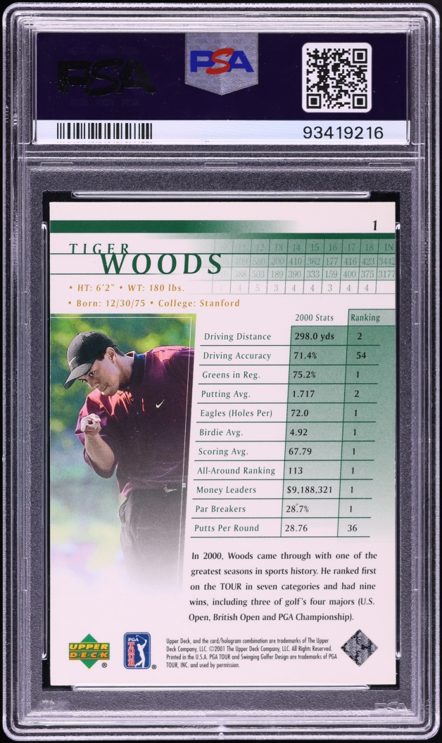 2001 Upper Deck Golf Tiger Woods ROOKIE #1 PSA 8 NM-MT