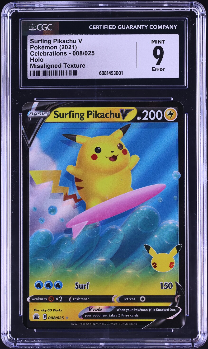 2021 Pokemon SWSH Celebrations Holo Error Surfing Pikachu V #8 CGC 9 Mint - Main Image