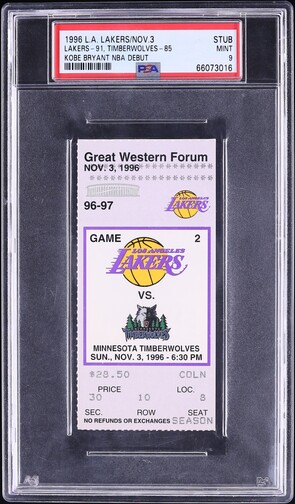 1996 Los Angeles Lakers Ticket Stub Kobe Bryant NBA Debut PSA 9