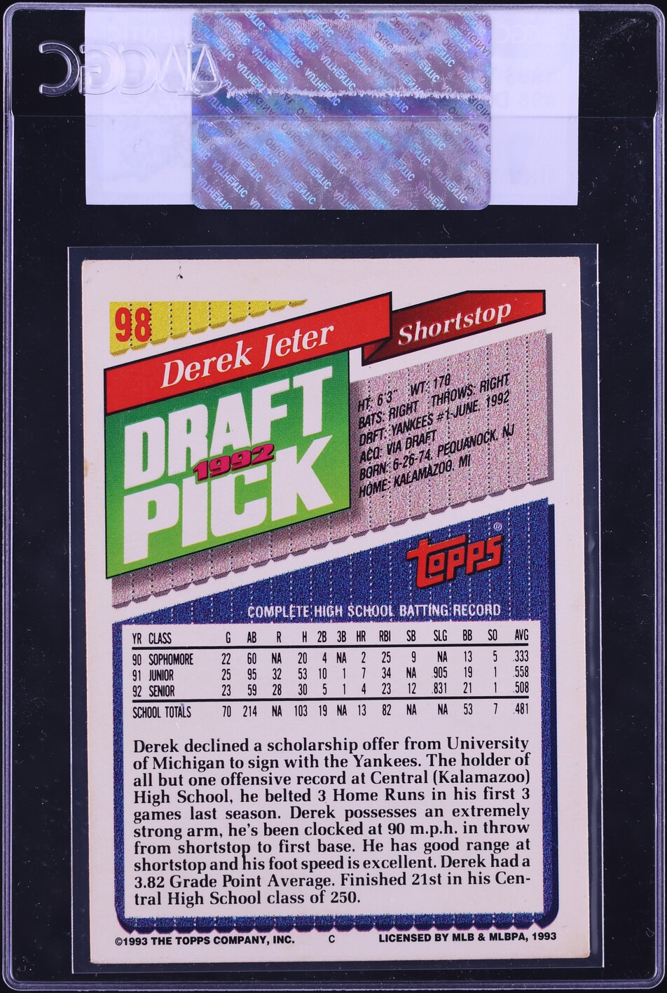 1993 Topps Derek Jeter ROOKIE #98 CGC AUTH