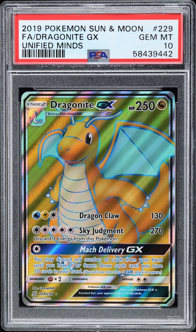 2019 Pokemon Sun & Moon Unified Minds Full Art Dragonite GX #229 PSA 10 GEM MINT