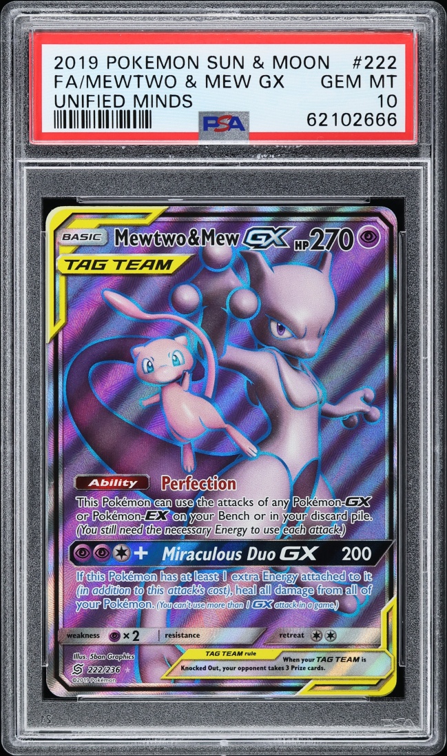 2019 Pokemon Sun & Moon Unified Minds Full Art Mewtwo & Mew GX #222 PSA 10 GEM MINT