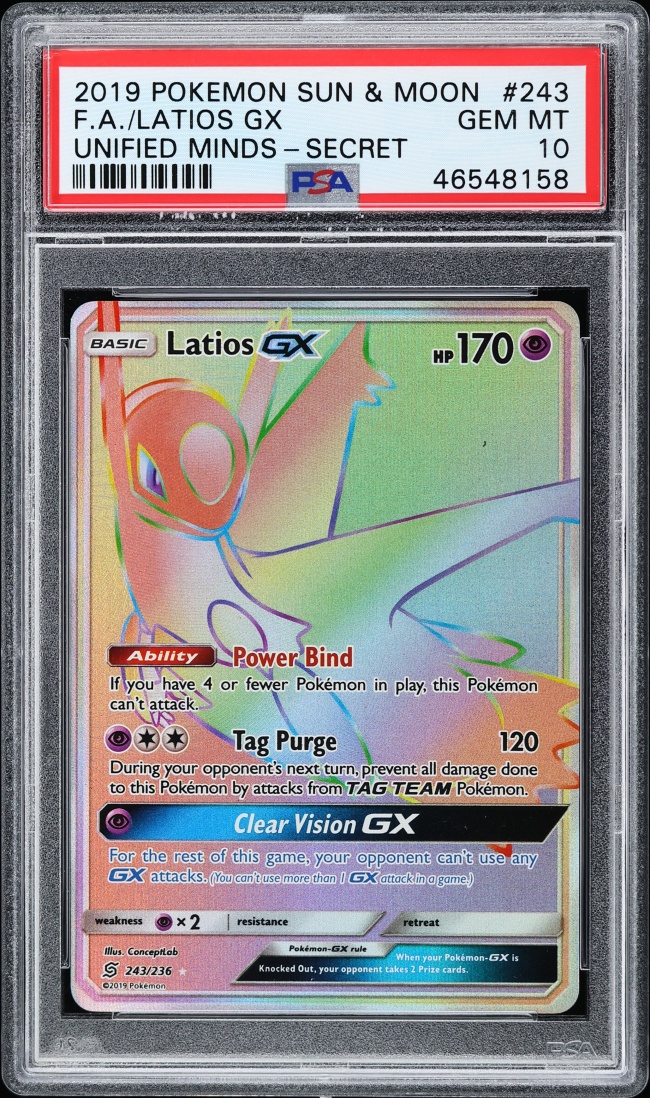 2019 Pokemon Sun & Moon Unified Minds Rainbow Rare Latios GX #243 PSA 10 GEM MINT