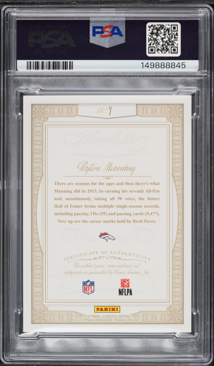 2014 Panini Flawless Greats Gold Peyton Manning PATCH AUTO DNA 10 /10 #7 PSA 7 NRMT - Photo 2