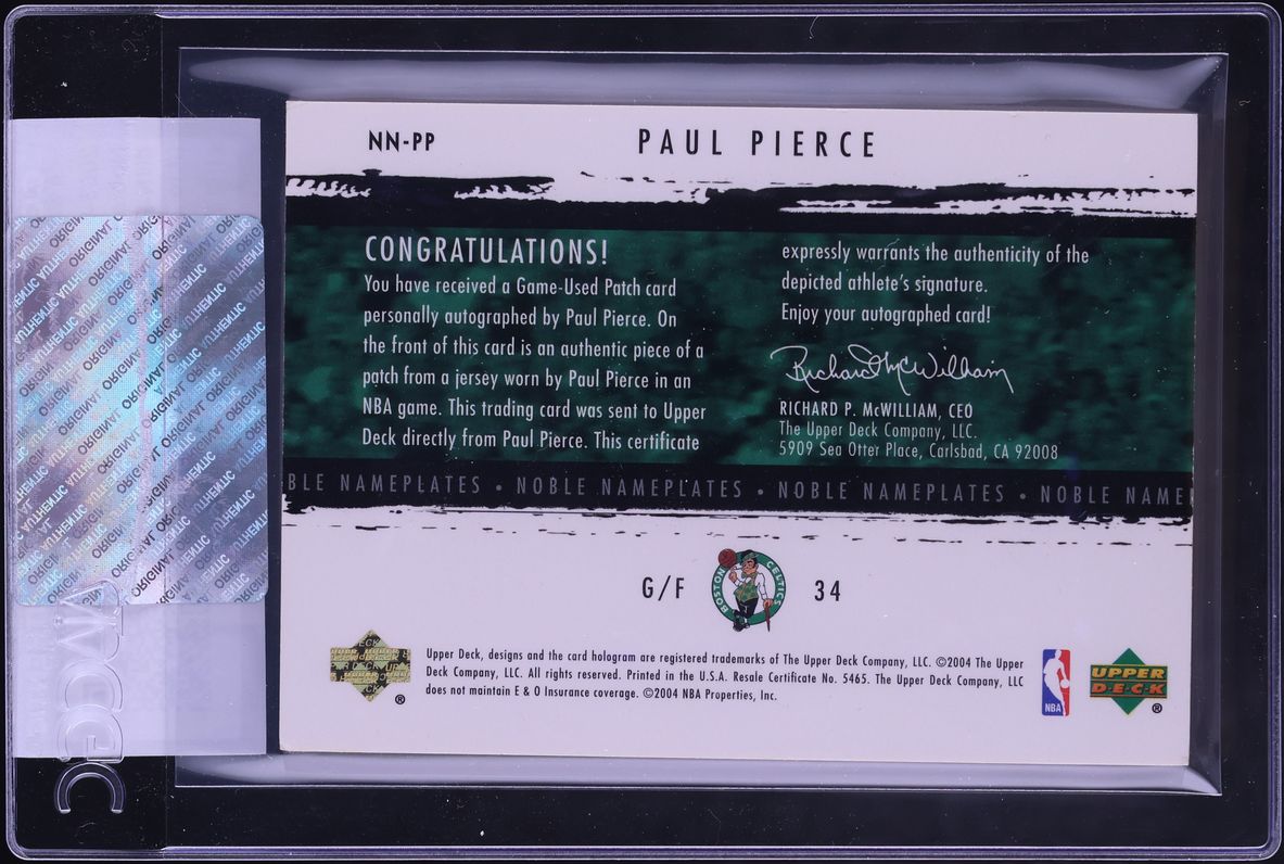 2003 Exquisite Collection Noble Nameplates Paul Pierce PATCH AUTO /25  #NN-PP CGC AUTH