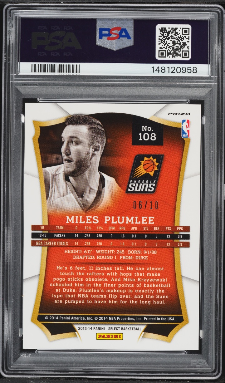 2013 Select Gold Prizm Miles Plumlee /10 #108 PSA 10 GEM MINT