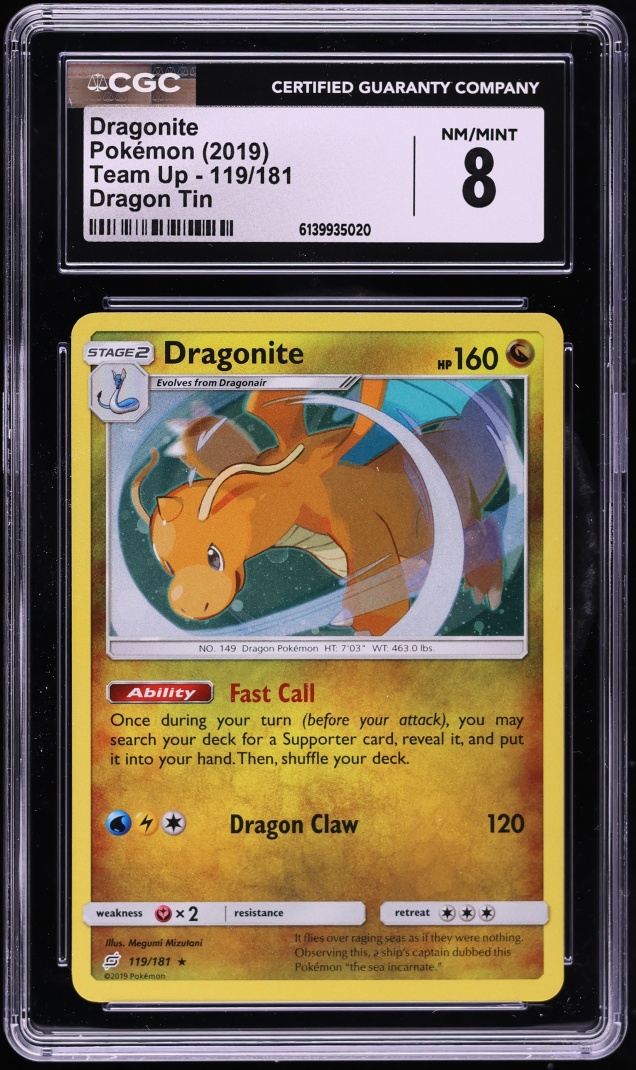 2019 Pokemon Sun & Moon Team Up Dragon Tin Holo Dragonite #119 CGC 8 NM-MT