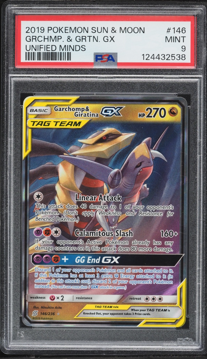 2019 Pokemon Sun & Moon Unified Minds Holo Garchomp & Giratina GX #146 PSA 9 MINT