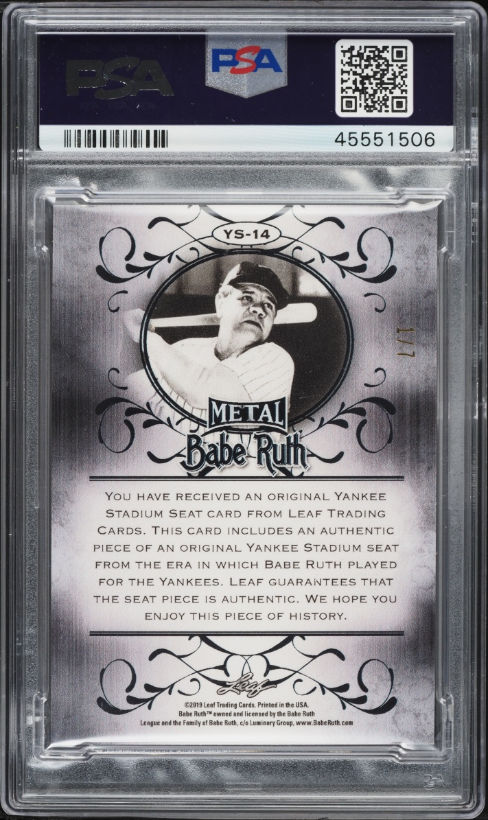 2019 Leaf Metal Yankee Stadium Seat Relics Babe Ruth RELIC 1/7 #YS14 PSA 8 NM-MT