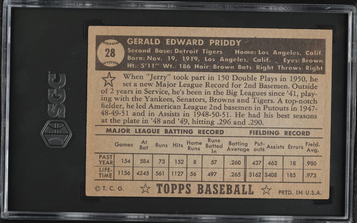 1952 Topps Jerry Priddy BLACK BACK #28 SGC 5 EX