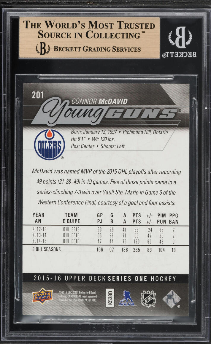 2015 Upper Deck Foil Young Guns Connor McDavid ROOKIE #201 BGS 9.5 GEM MINT