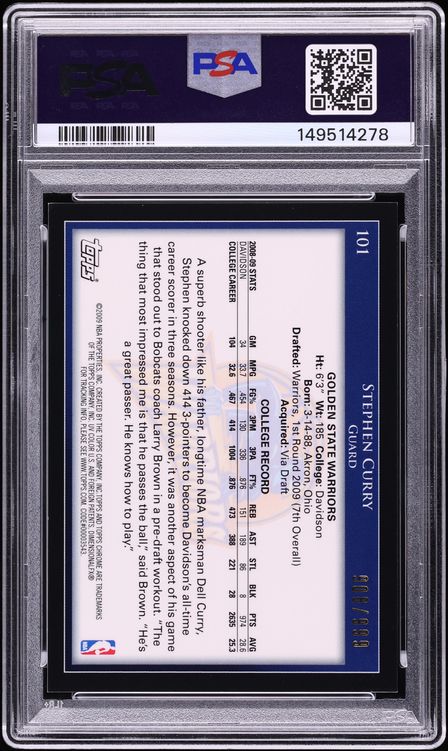 2009 Topps Chrome Stephen Curry ROOKIE AUTO DNA 10 /999 #101 PSA 8 NM-MT