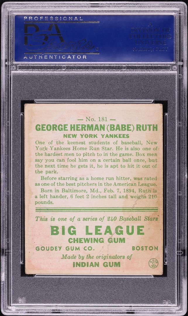 1933 Goudey Babe Ruth #181 PSA 3 VG