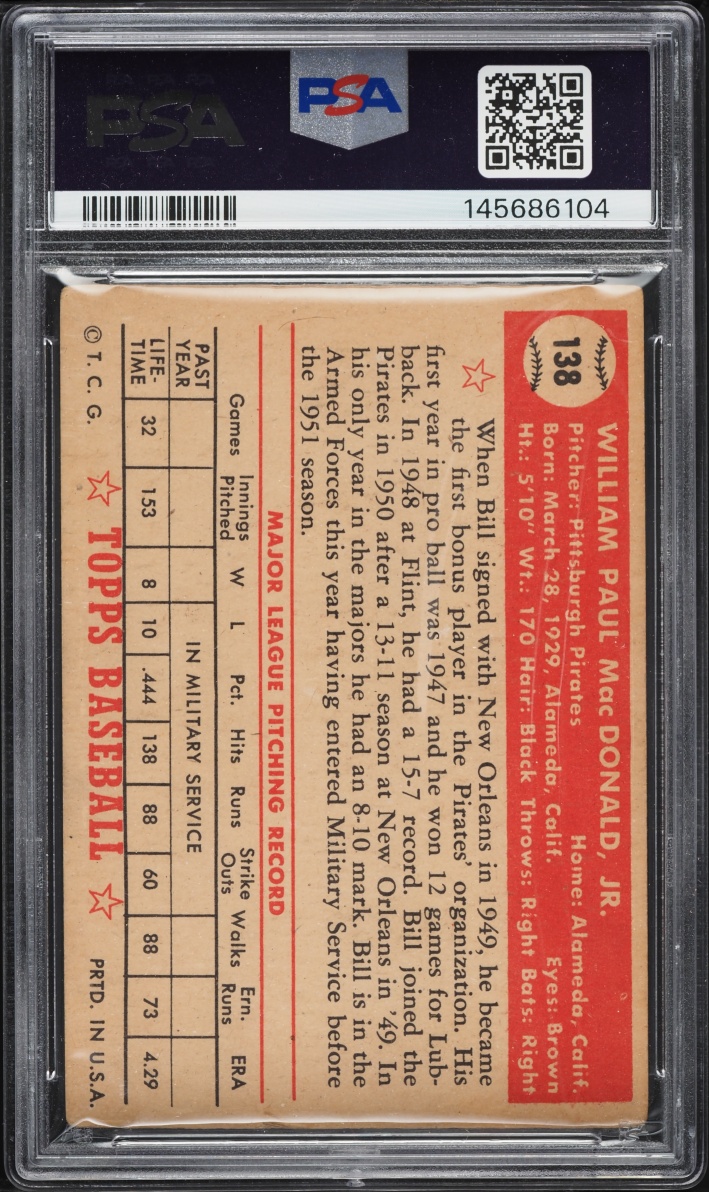 1952 Topps Bill MacDonald #138 PSA 3 VG
