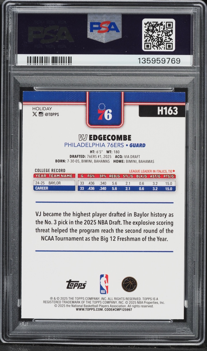 2025 Topps Holiday VJ Edgecombe ROOKIE #H163 PSA 9 MINT