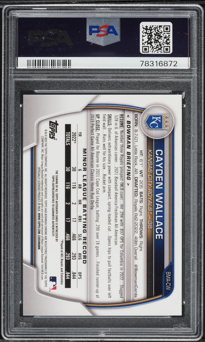 2023 Bowman Chrome Mega Box Cayden Wallace PROSPECT AUTO #BMA-CW PSA 10 GEM MINT
