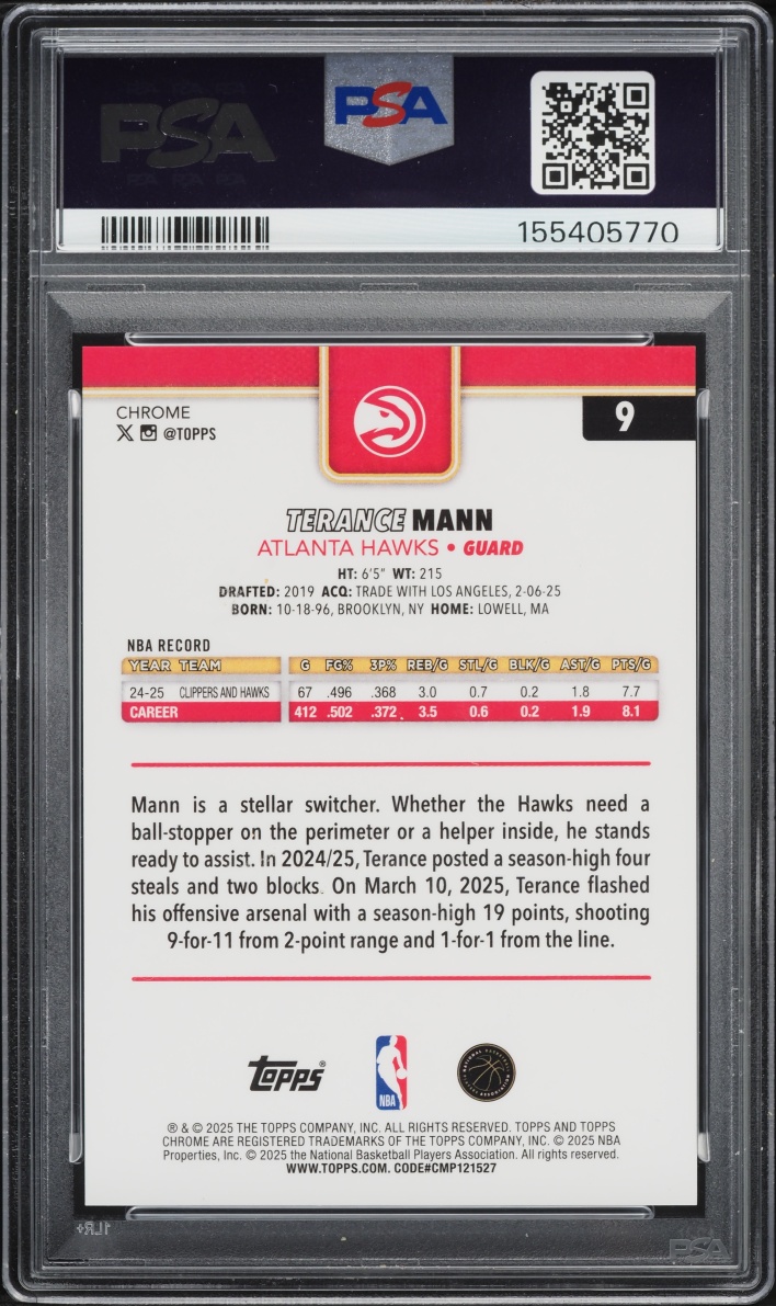 2025 Topps Chrome Sapphire Edition Orange Terance Mann /25 #9 PSA 8 NM-MT