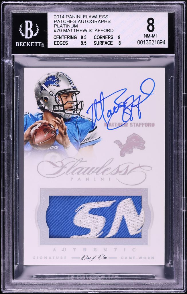 2014 Panini Flawless Platinum Matthew Stafford PATCH AUTO 1/1 #70 BGS 8 NM-MT - Photo 1