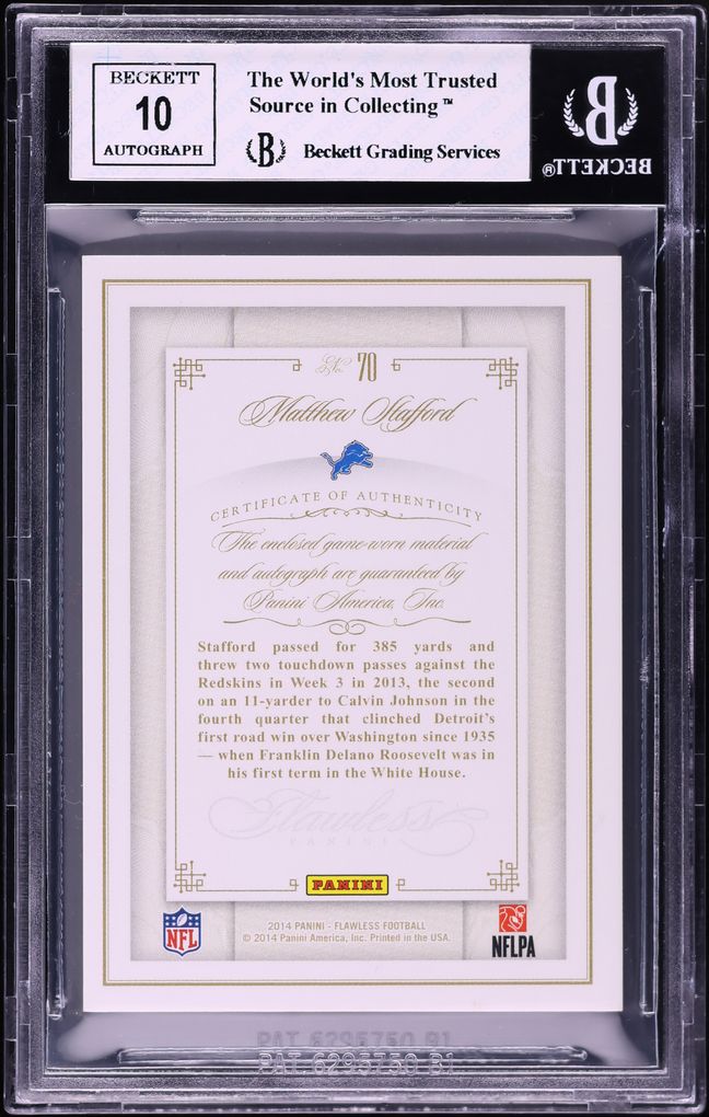 2014 Panini Flawless Platinum Matthew Stafford PATCH AUTO 1/1 #70 BGS 8 NM-MT - Photo 2