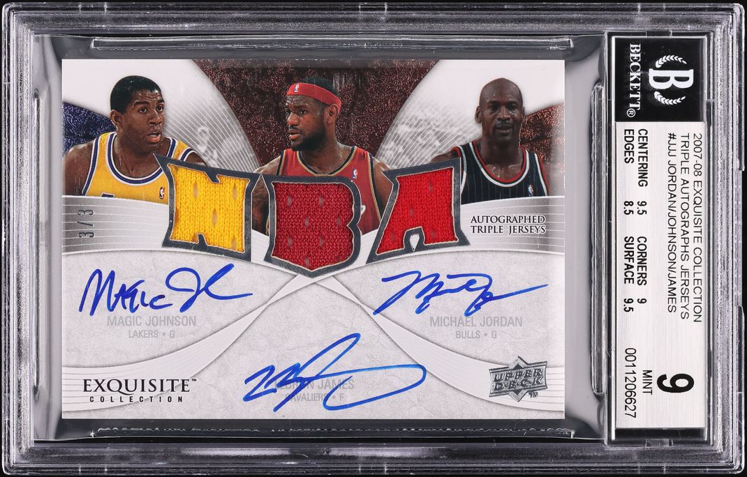 2007 Exquisite Michael Jordan Magic Johnson LeBron James PATCH AUTO 3/3 BGS 9