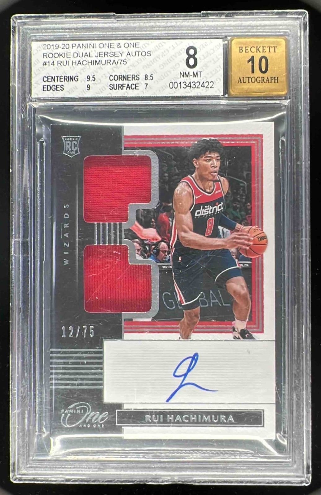 2019-20 Panini One and One Rookie Dual Jersey Auto Rui Hachimura RC /75 BGS 8