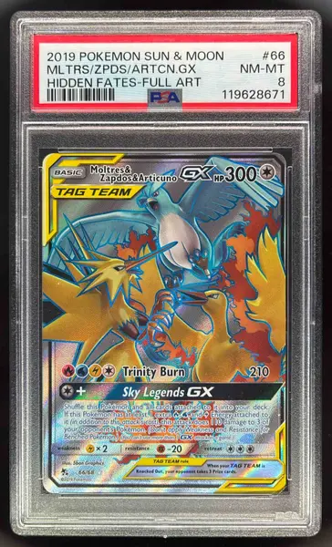 2019 Pokemon SM Hidden Fates #66/68 Moltres & Zapdos & ArticunoTag Team PSA 8