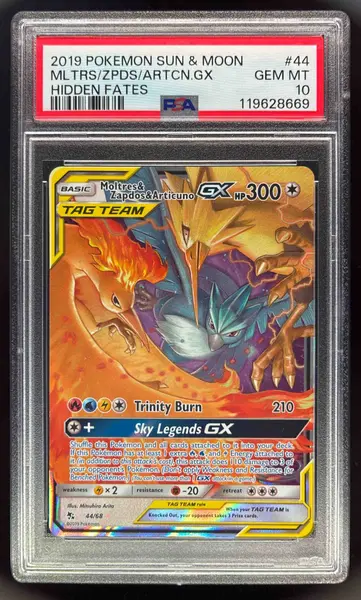 2019 Pokemon SM Hidden Fates #44 Moltres & Zapdos & Articuno Tag Team GX PSA 10