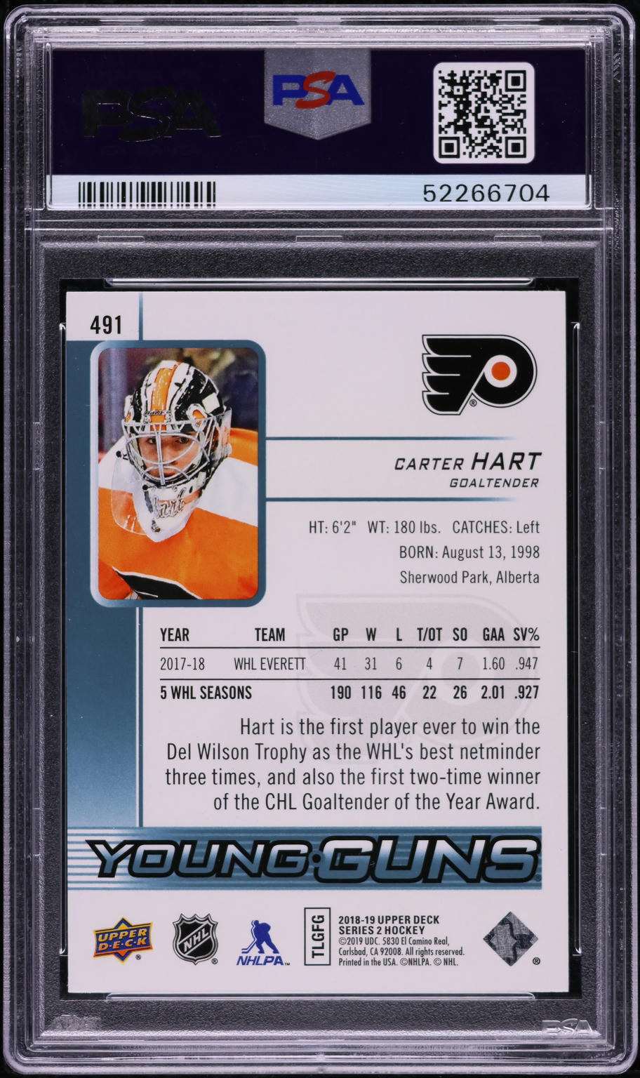 2018 Upper Deck Young Guns Carter Hart ROOKIE #491 PSA 10 GEM MINT